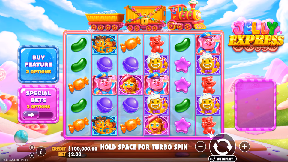 Jelly Express demo slot base gameplay with tumbles and Train Wild symbols