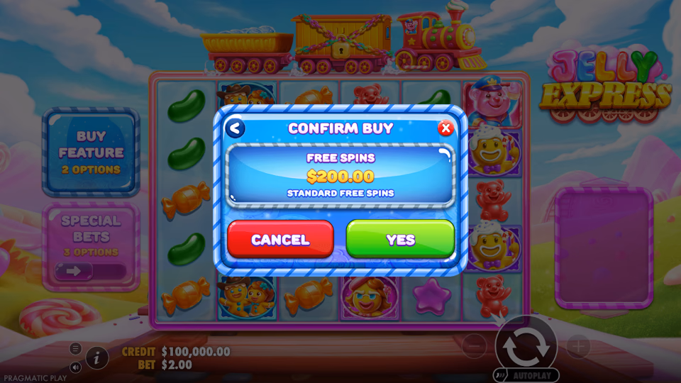 Jelly Express demo slot free spins purchase confirmation screen
